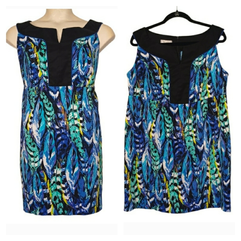 DRESSBARN Blue Green Purple Leaf Feather Print Sleeveless Shift Dress 14